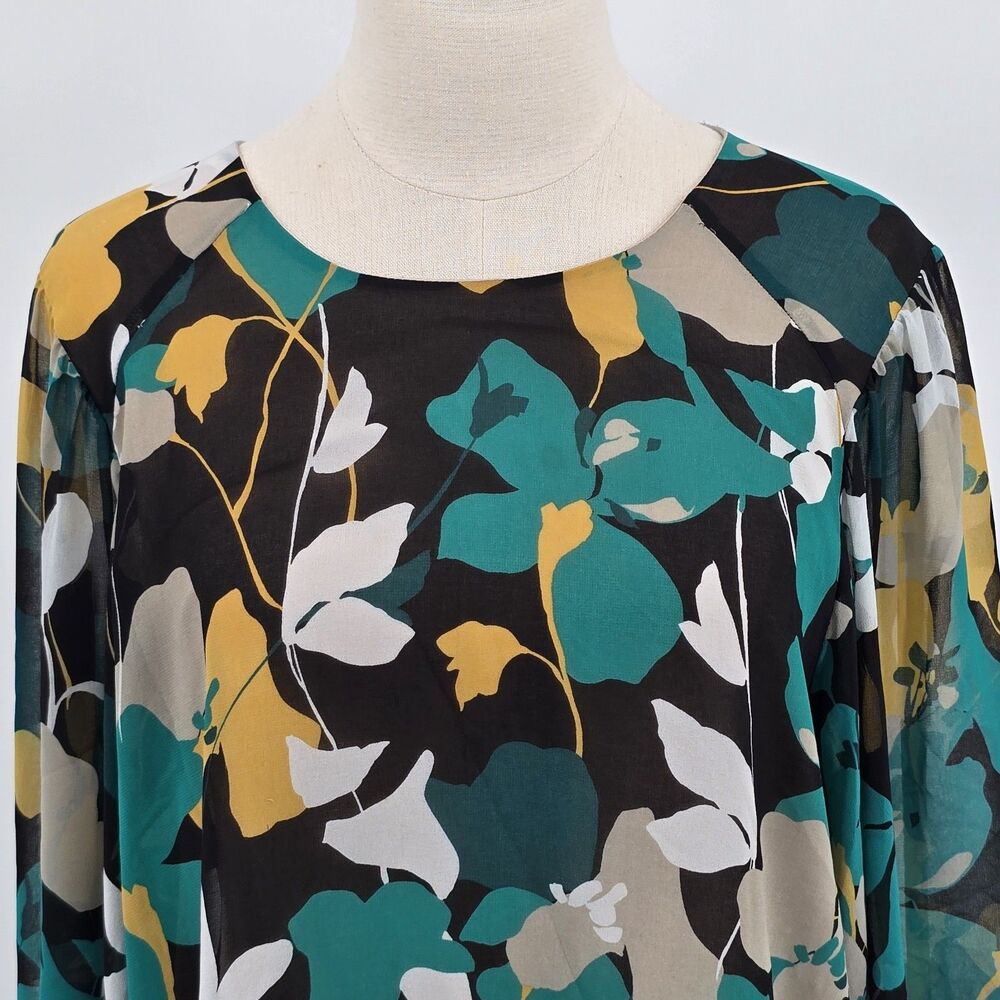 Calvin Klein Blouse Women's L Black Green Yellow Floral Lined Flowy